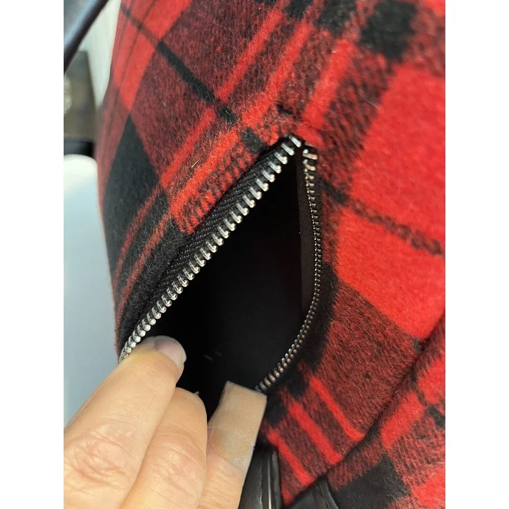 BEARPAW Faux Shearling Trim Drawstring Backpack, Red and Black Buffalo Plaid